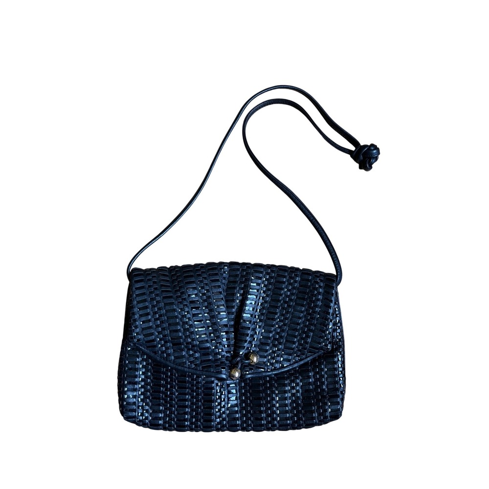 Ganson Vintage Black Woven Leather Crossbody Bag Gold Tone Hardware Made in HK